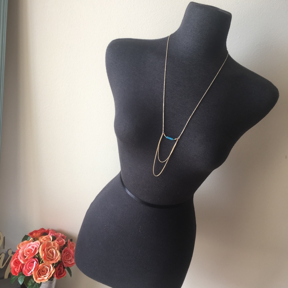 Long Gold Chain Blue Beaded Necklace Earring Set